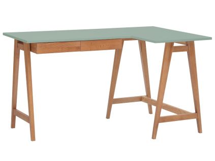 Zelený lakovaný rohový pracovní stůl RAGABA LUKA 135 x 85 cm s dubovou podnoží, pravý