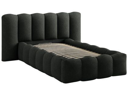 Černá bouclé jednolůžková postel Micadoni Lupine 90 x 200 cm s úložným prostorem